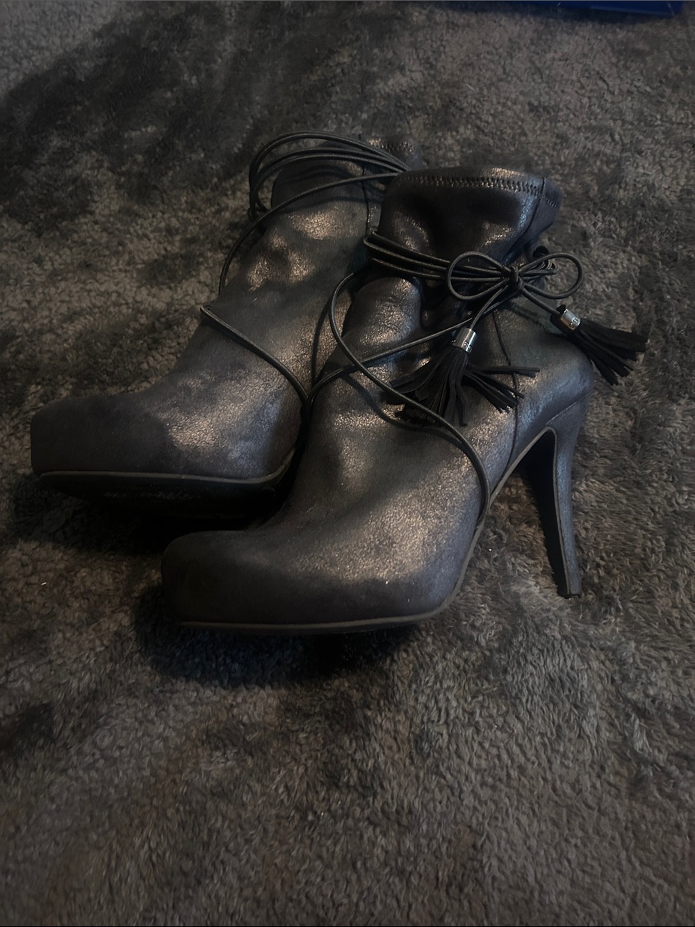 BCBGeneration Black High Heel Ankle Boots with Tassel Wrap Laces